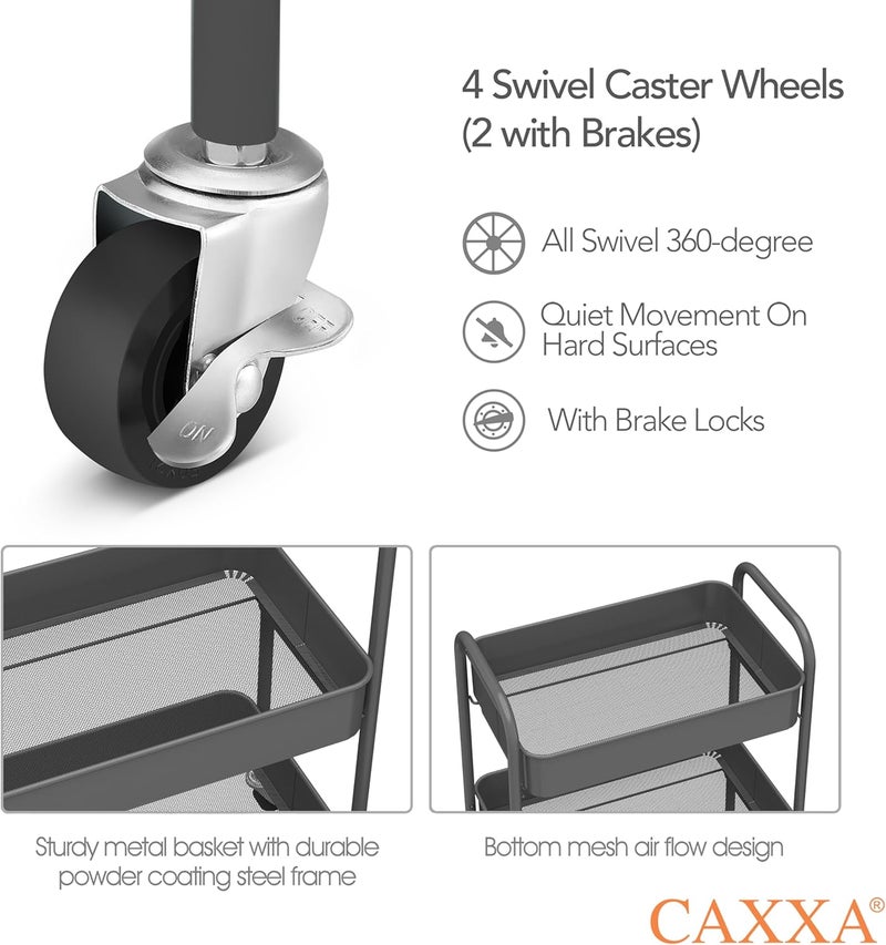 CAXXA 3-Tier Rolling Metal Storage Organizer - Mobile Utility Cart with Caster Wheels, Gray - Image 4